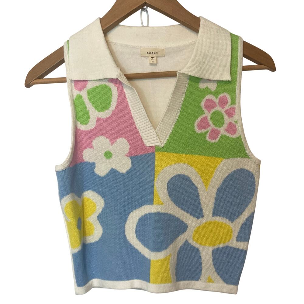 debut Sleeveless Floral Knit Collared Vest in Pastel Pink, Green, Blue, Yellow